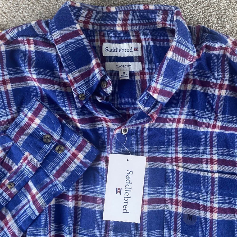 Saddlebred Mens M Blue/Red/White Eve Plaid Flannel Shirt Classic Fit NWT Preppy